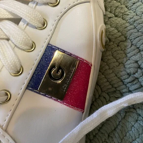 G by Guess Women White Lace Up Glitter on Stripe Sneakers Casual Shoes Size 7.5 - Picture 8 of 12